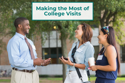 A man in dress shirt and tie smiles while addressing a woman and daughter on a college tour.