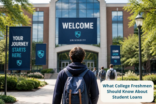 Perspective from behind a male student wearing a backpack, walking toward a "Welcome" banner over the doorway of a brick building.