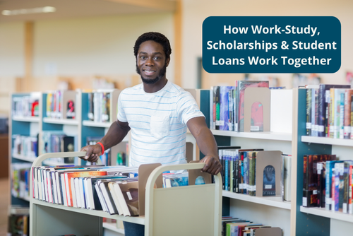 A college student pushes a cart of books through a library while smiling at the camera. A text overlay in the upper-right corner reads, "How Work-Study, Scholarships & Student Loans Work Together."