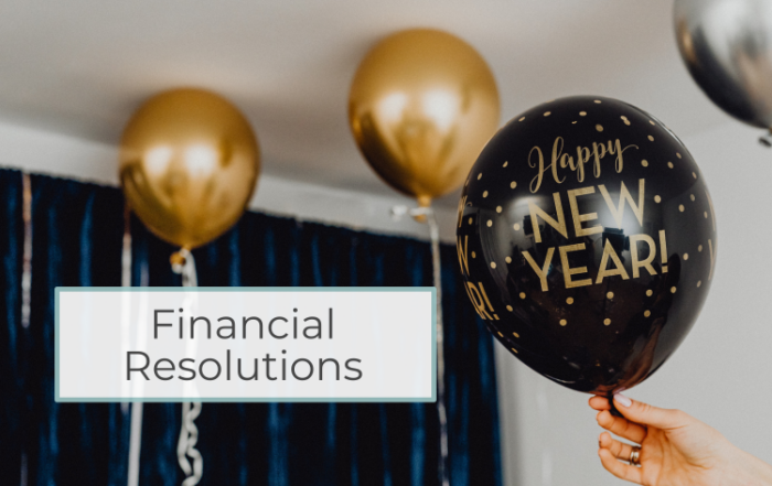 Text in a white text box says Financial Resolutions. A blurry background behind it shows gold balloons floating to the ceiling, and to the right is a hand holding a black balloon with the words "Happy New Year" in gold lettering.