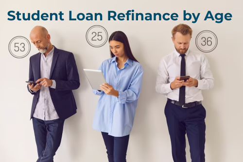 A man stands looking at a phone, a woman holds a tablet, and another man looks at a phone considering refinancing student loans.