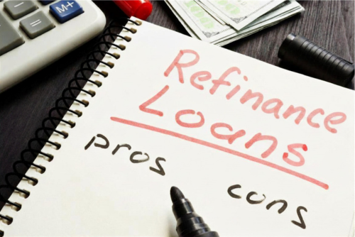 A spiral notebook page with "Refinance Student Loans" as a title and "Pros and Cons" written below it.