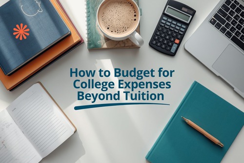 College desk flat-lay with notebooks, calculator, laptop and coffee for budgeting