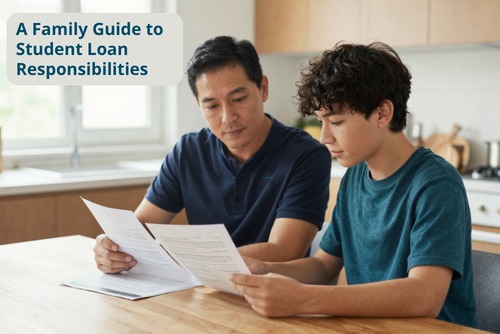 Parent and teenage student reviewing student loan paperwork together at a kitchen table
