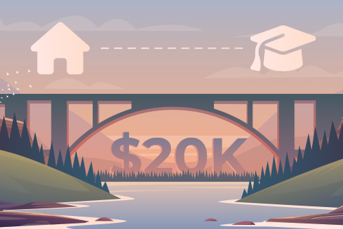 An arched bridge spans a river, with an icon of a house on the left side and a grad cap on the right. The number $20K is displayed under the curve of the bridge.